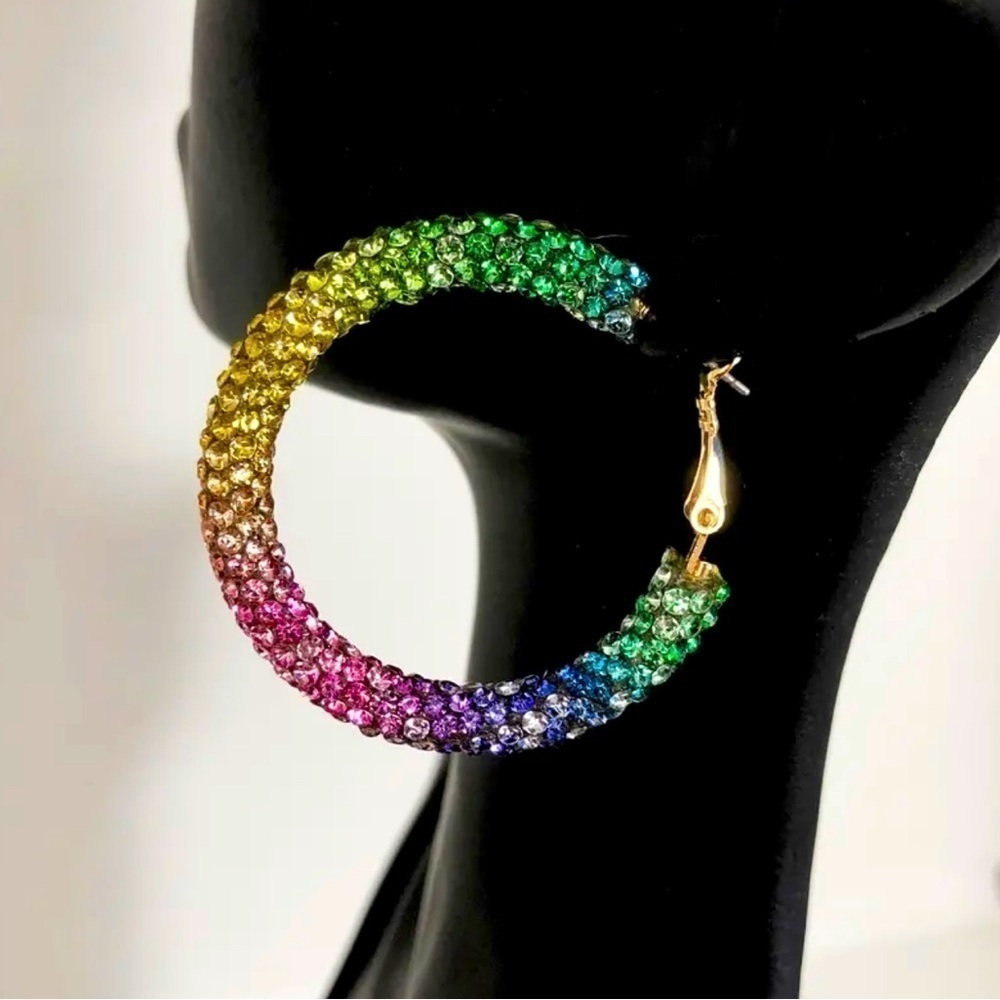 Multicolor Rhinestone Hoop Earrings - Picture 6 of 6
